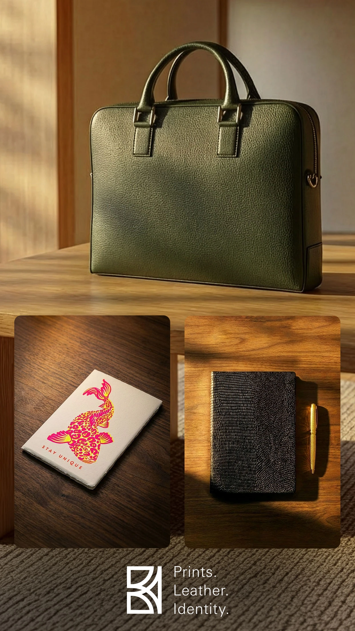 Prints. Leather. Identity. Bethge-Slogan